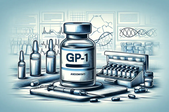 Illustration of a medical laboratory with GP-1 vaccine vial, syringes, ampoules, and capsules against a backdrop of scientific graphs.