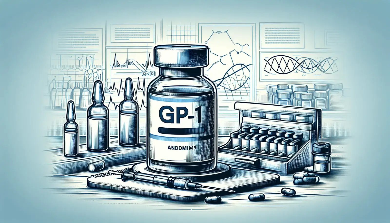 Illustration of a medical laboratory with GP-1 vaccine vial, syringes, ampoules, and capsules against a backdrop of scientific graphs.