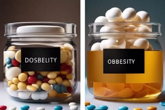 Two jars with pills, one labeled "DOSBELITY" containing various colored pills, and one labeled "OBBESITY" containing white pills.