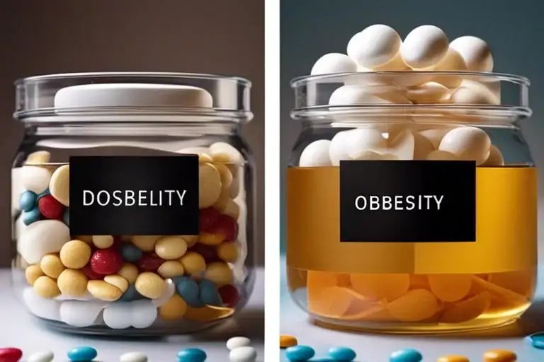 Two jars with pills, one labeled "DOSBELITY" containing various colored pills, and one labeled "OBBESITY" containing white pills.