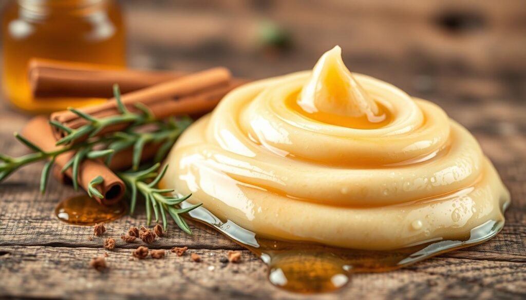 A close-up shot of a homemade honey and cinnamon face mask, arranged artfully on a rustic wooden surface. The thick, creamy mask is glistening, reflecting the warm, soft lighting. Sprigs of fresh herbs, such as rosemary or thyme, are scattered around the mask, adding a natural, earthy vibe. The background is blurred, emphasizing the focus on the main subject. The overall mood is soothing, calming, and inviting, capturing the essence of the "Earthy Cures" natural skincare brand. A close-up shot of a homemade honey and cinnamon face mask, arranged artfully on a rustic wooden surface. The thick, creamy mask is glistening, reflecting the warm, soft lighting. Sprigs of fresh herbs, such as rosemary or thyme, are scattered around the mask, adding a natural, earthy vibe. The background is blurred, emphasizing the focus on the main subject. The overall mood is soothing, calming, and inviting, capturing the essence of the "Earthy Cures" natural skincare brand.
