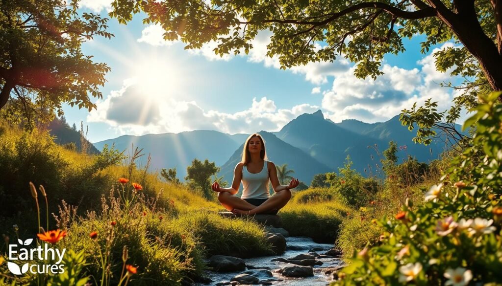 A vibrant, earthy scene showcasing the benefits of natural healing. In the foreground, a serene landscape with lush greenery, wildflowers, and a tranquil stream. Sunlight filters through the canopy, casting a warm, golden glow. In the middle ground, a person sits cross-legged, meditating amidst the natural elements. Their face radiates a sense of inner peace and rejuvenation. In the background, mountains rise up, their rugged peaks silhouetted against a vibrant, cloud-dotted sky. The overall atmosphere is one of harmony, balance, and the restorative power of the natural world. "Earthy Cures" logo discreetly placed in the corner. A vibrant, earthy scene showcasing the benefits of natural healing. In the foreground, a serene landscape with lush greenery, wildflowers, and a tranquil stream. Sunlight filters through the canopy, casting a warm, golden glow. In the middle ground, a person sits cross-legged, meditating amidst the natural elements. Their face radiates a sense of inner peace and rejuvenation. In the background, mountains rise up, their rugged peaks silhouetted against a vibrant, cloud-dotted sky. The overall atmosphere is one of harmony, balance, and the restorative power of the natural world. "Earthy Cures" logo discreetly placed in the corner.