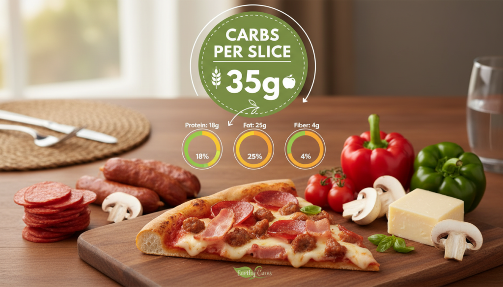 A visually appealing infographic-style image showcasing "carbs per slice" of meat lovers pizza. In the foreground, prominently display a deliciously topped slice of pizza, highlighting a clear measurement of the carbohydrate content, possibly with colorful indicators or icons. In the middle, include various ingredients of the pizza arranged artistically, such as pepperoni, sausage, and cheese, juxtaposed with fresh vegetables like bell peppers or mushrooms to emphasize balance. The background should feature a softly blurred dining table setting with warm, inviting lighting, creating a cozy atmosphere. This image should convey a sense of balance and health, while subtly integrating the brand name "Earthy Cures" into the design. The overall tone should be informative yet appetizing, appealing to readers interested in mindful eating.